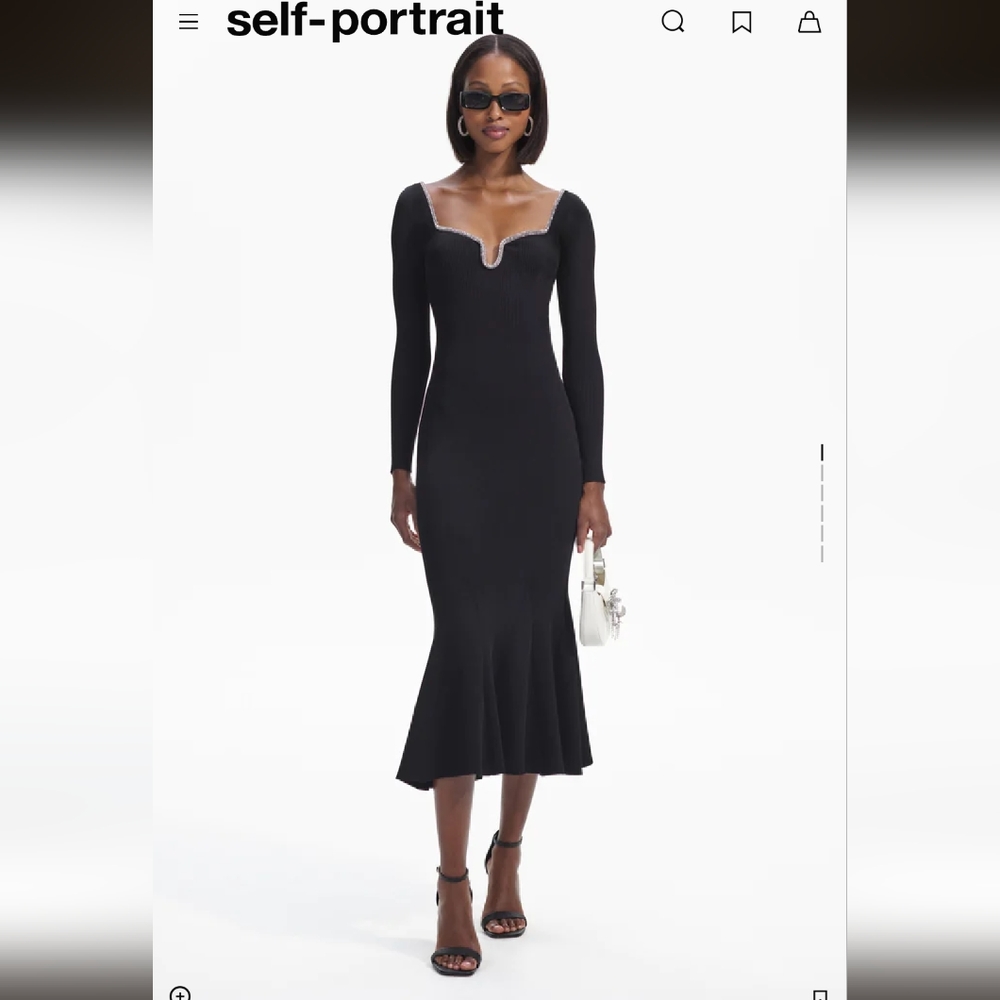 Self-Portrait Black Knit Diamante Trim Midi Dress- S